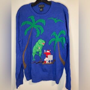 Alex Stevens Blue Tropical Dinosaur Ugly Christmas Sweater